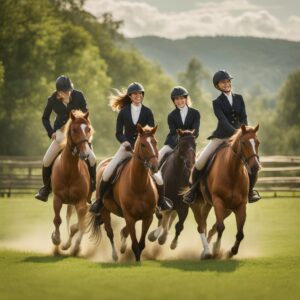 Bild von Reitern mit Pferden auf einer grünen Wiese, die sich in einem Stall oder Turnier umgeben haben. Einige Dressursättel sind als Accessoires im Bild verwendet.