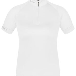 Weißes Damenkurzarm-Shirt mit Stehkragen und Mesh-Armeln für Reitsport und Training von Equinate Lunari, atmungsaktiv und schnell trocknend
