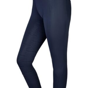 Bequeme Reitleggings für Damen mit Vollbesatz, Handytasche und Gürtelschlaufen - atmungsaktiv, elastisch und rutschfest in Navy Blau.