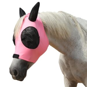 Gallopoff Fliegenmaske für Pferde mit Ohren und Schopfloch - elastisches Material, atmungsaktives, leichtes, UV-schützende Produkt, weich und passgenau für rosa Ponys