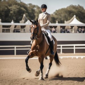 Elegante Reiterin auf Pferd mit Turniershirt von Covalliero und Reitleggings von HOTUT in einer modernen Turnierarena