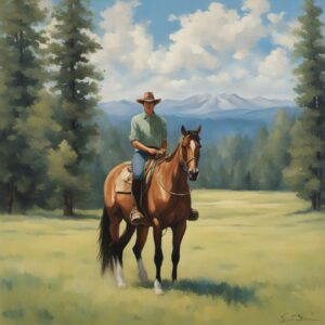 Einladende und edle Optik: Reiter mit Pferd im idyllischen Wald, Hackamore an Sattel gehängt