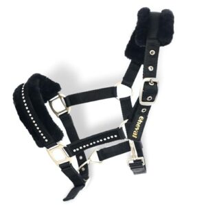 Halfter für Pferde mit Glitzer Steinen, schwarzes Halfter für Pferde mit Strass, 2-Fach verstellbar, schwarz, für Shetland Pony (Shetty)