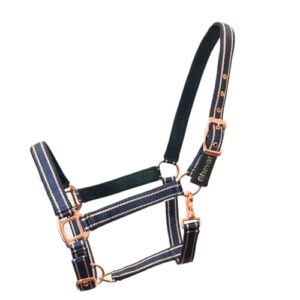 Elegantes Halfter für Pferde mit Glitzer in Rosegold und schwarzem Hintergrund, 2-Fach verstellbar