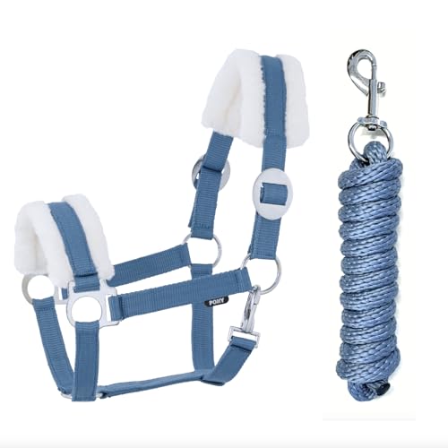 JA Horse Kunstfell Halfter Führstrick Set mit verstellbarer Karabinerhaken für Pferde, blau, Cob