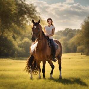 Reiterin mit Jodhpur-Stiefeln an einem Pferd, grüne Wiese und sonnige Landschaft