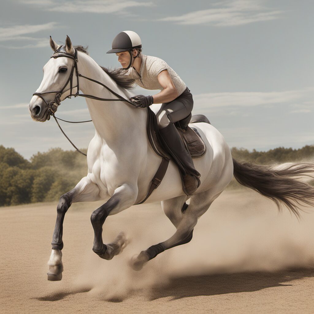 Reiter mit Pferd in offener Landschaft, verschiedene Maulkörbe aufgeführt