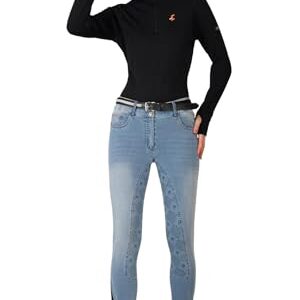 Preto Premium Denim Damen Reithosen Vollsitz Silikongriff Weich Dehnbar Equines Reithosen mit Taschen, Marineblau / Denim, 34 W