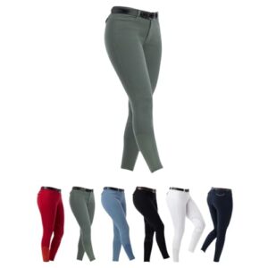 Reithose für Mädchen und Jungen mit Kniebesatz aus Stoff, Eingrifftaschen vorn und Reitleggings in Grün. Kinder-Reitbekleidung in Größe 152.