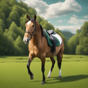 Bild eines Pferdes auf einem Reitpad mit verschiedenen Reitsportartikeln im Hintergrund