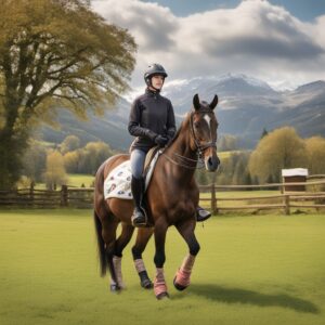 Farbenfrohes Bild von einem Reiter mit Schutzkleid und Pferd im Hintergrund