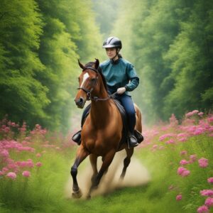 Reiterin in einer sicheren und bequemen Schutzkleidung auf einem Pferd im grünen Wald