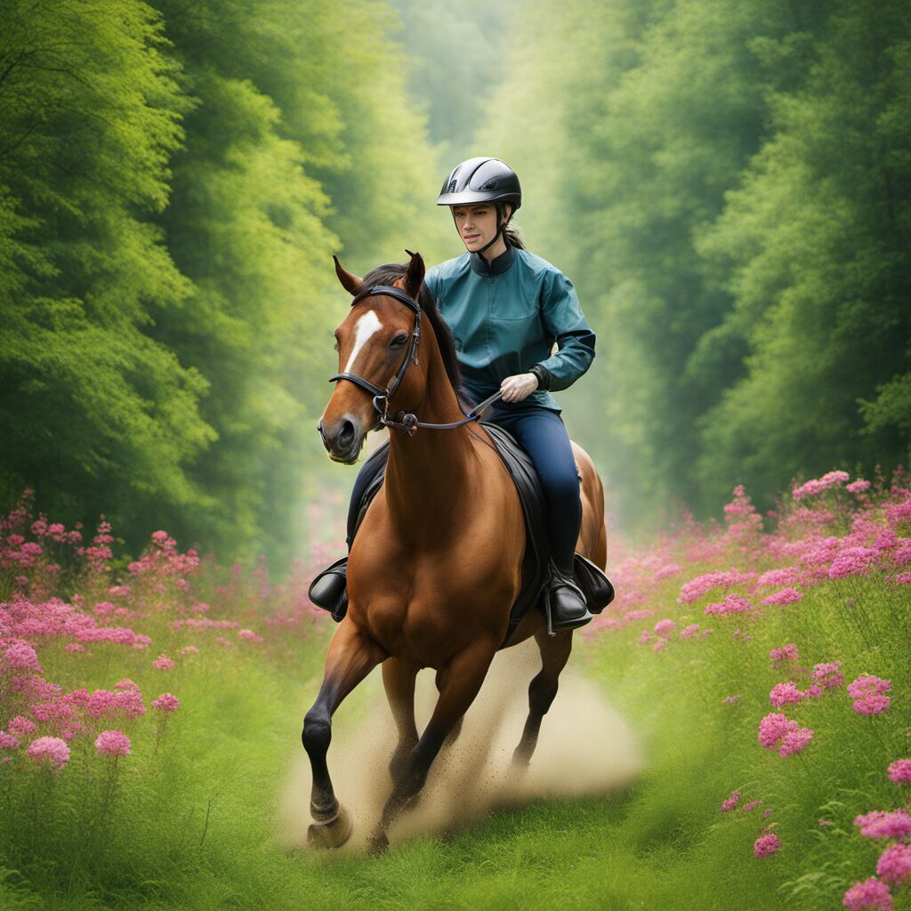 Reiterin in einer sicheren und bequemen Schutzkleidung auf einem Pferd im grünen Wald