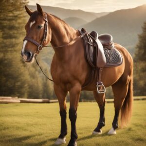 Pferd mit Stirnriemen aus weichem Leder oder Rindsleder. Reitszene mit Sattel und Reiter.