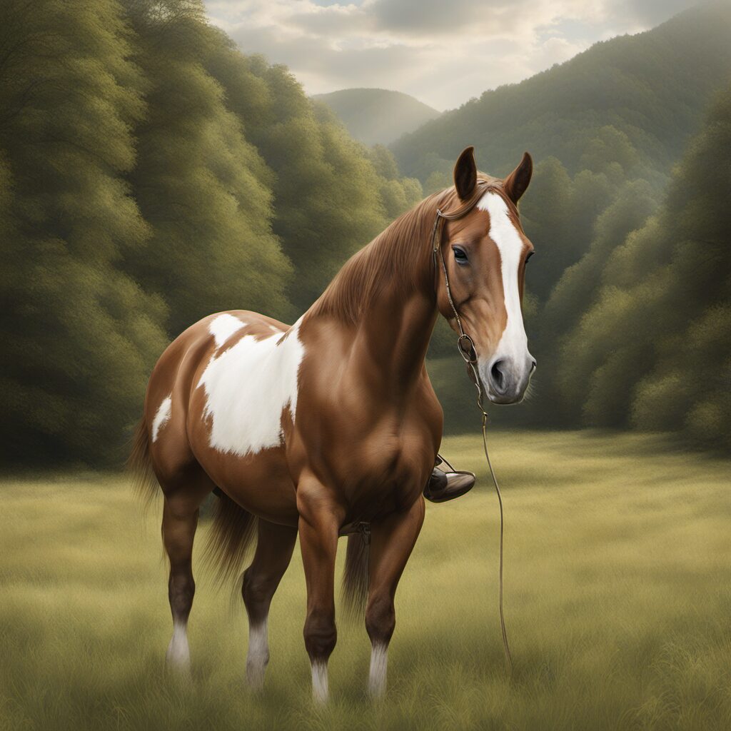 Ein Reiter auf einem Pferd mit Trabertrense, im idyllischen Landschaftsausschnitt eines Feldes oder Waldes.