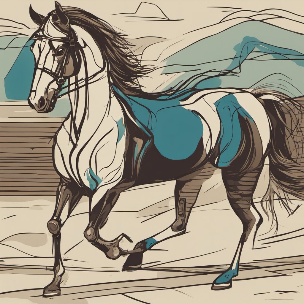 Ein Bild mit einem Hengst, der mit einer modernen Trense trabet, auf einem hellbraunen Reitplatz inmitten von freundlichen und leichten Farben