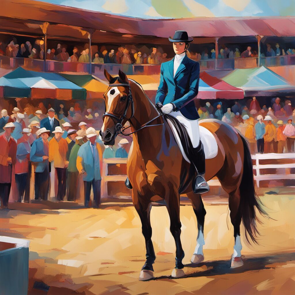 Reiter oder Reiterin mit Turnierjacket in lebhaften Farben auf dem Markt. Pferdestall oder Reitsportarena im Hintergrund.