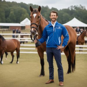 Ein stolzer Reiter zeigt seine Turnierjacke und ist stolz auf sein Geschenk