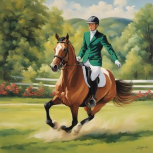 Ein junges Pferd im Reitsport mit Turnierjacket und einer idyllischen Landschaft im Hintergrund, perfekt für Kinder, die gerne reiten gehen