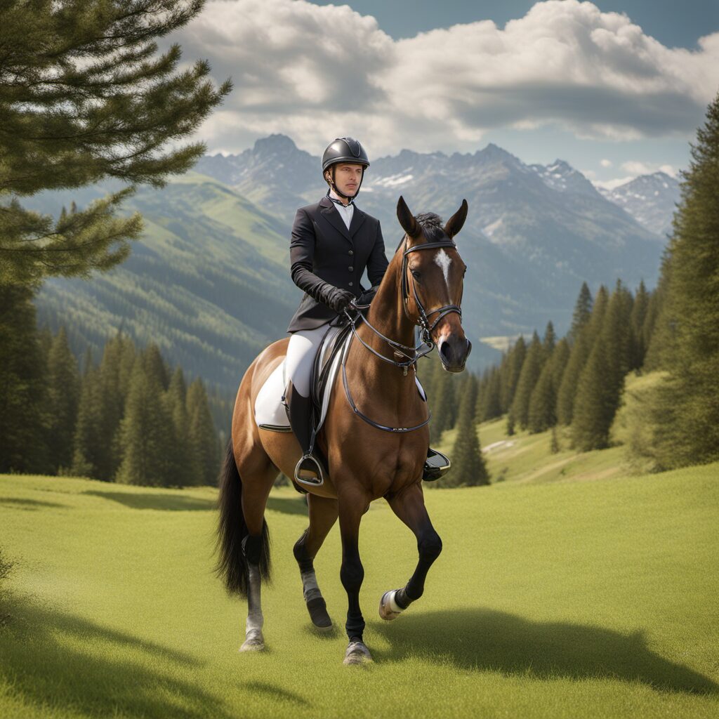 Pferd mit Vorderzeug und Martingale auf einem grünen Weg, ideal für ein Reitoutfit