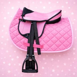 Sattel für Shetty Pony Holzpferd Plüschpferd mit Satteldecke, Sattelgurt, Steigbügel & Steigbügelriemen - Rosa