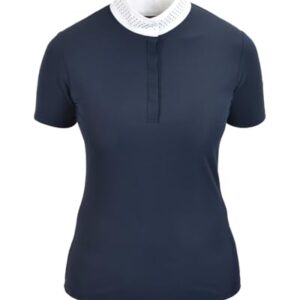 Navy blauer Damen Kurzarm Turniershirt mit weißen Krystallsteinen am Kragen, atmungsaktiv und leichtes Reitshirt für Sommerturnier und Training