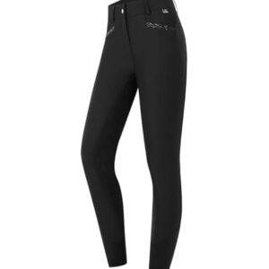Schwarze Reithose mit hohem Bund und gekrümmter Silhouette, perfekt für Ausritte oder alltägliche Kleidung, bequeme und atmungsaktive Materialien