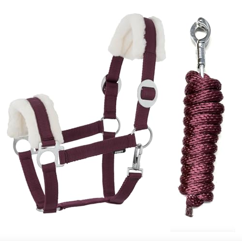 Kunstfell Halfter Führstrick Set mit Panikhaken für Pferde, Pony oder Holzpferd - verstellbarer Führstrick - hochwertiges Material
