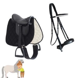 Kinder Shetty Sattel Set mit Trense in Schwarz für Pony und Holzpferd - ideal für erste Reitversuche, Sicherheit und Bequemlichkeit garantieren
