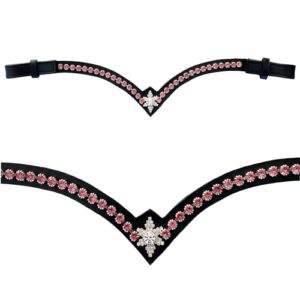 Stirnriemen für Pferde mit Glitzersteinen und schwarzem Leder in einer Geschenkbox, geeignet für verschiedene Größen von Pferden.