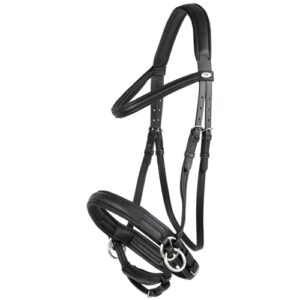 Trense für Pferd, Leder mit anatomisch geformtem Genickstück, Zaumzeug mit Zügel und Edelstahlbeschlägen, Komfortbrille für Vollblute, schwarz