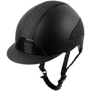 Schwarzer Reithelm mit glänzendem Finish und silbernen Akzenten, ideal für Reiter auf der Suche nach einem hochwertigen und bequemen Helm.