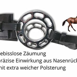 AMKA Hackamore aus Leder, 3-fach verstellbar, lederpolsterte Nasenriemen und Kinnriemen, gebissloses Zügelsystem mit Wheel-Rad für Pferde