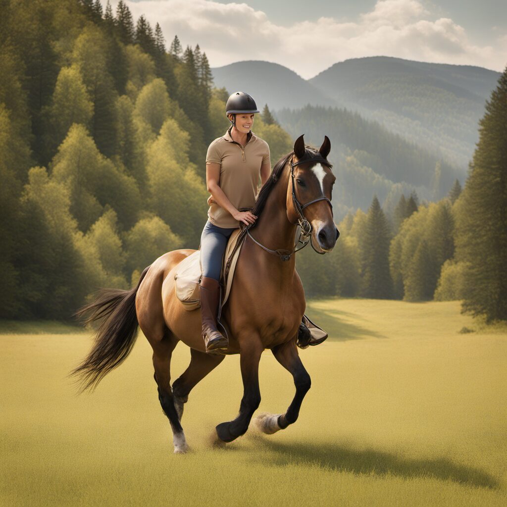 Bild eines Pferds mit einem Reiter auf einem Bareback-Pad in einer natürlichen Umgebung, die verschiedenen Aspekte des Reitens zeigt.