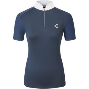 Damen Turniershirt in Dunkelblau mit Stehkragen und kurzen Ärmeln, atmungsaktiv und leicht