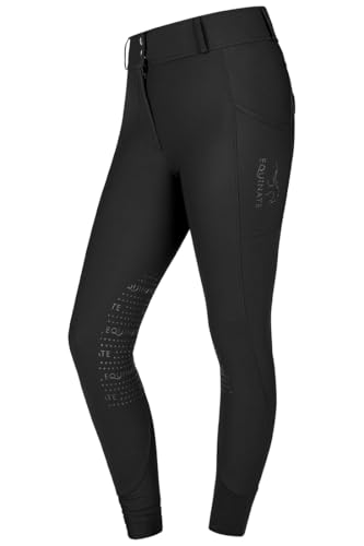 Equinate Damen Reithose Romy - Elegante Reithose mit Kniebesatz, Grip, Handytaschen und Glitzerapplikationen. atmungsaktiv, elastisch, rutschfest 40 Schwarz.