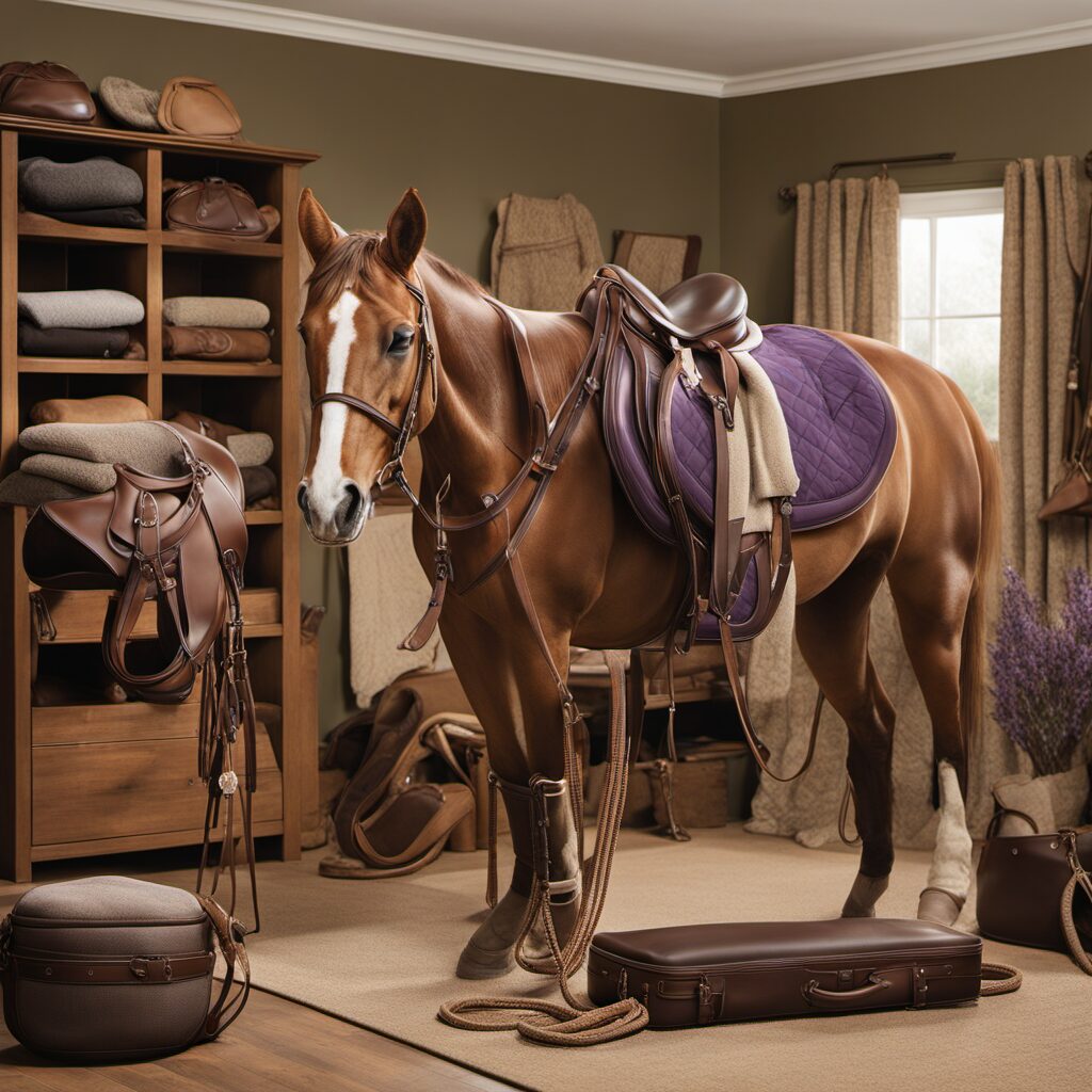 Reiterzimmer mit verschiedenen Pferdezubehör-Produkten, wie Sattelhalter, Trensenzaum und Pferdeleine