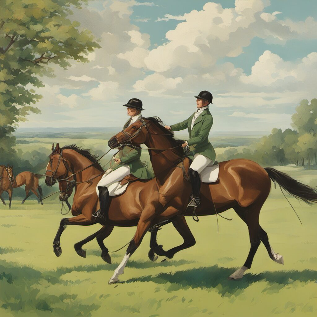 Reiter mit Pferden auf grüner Wiese - Geschenkgerte zum Reiten