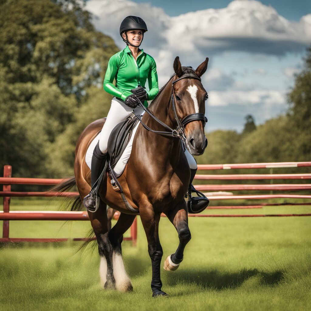 Ein jüngerer Reiter auf einem stolzen Pferd in einer grünen Wiese, das ein Turnierschirt und einen Reitlegging trägt. Im Hintergrund befinden sich Reitsportgeräte wie Sprungboxen oder Longieren.