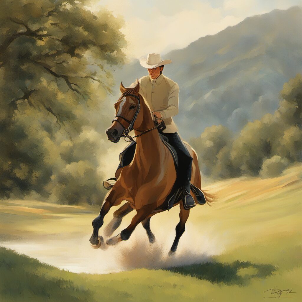 Reiter mit Hackamore in einer wunderschönen Landschaft