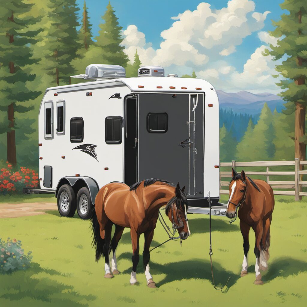 Pferdeanhänger mit Traileranbinder und entspanntem Pferd in idyllischer Landschaft