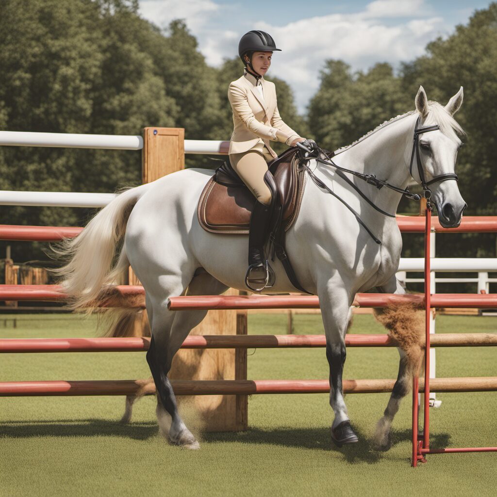Ein Pferd im Reitsport wird von einem Reiter geritten. Im Hintergrund ein Zaun mit verschiedenen Farben und Mustern, der an verschiedene Produkte erinnert.