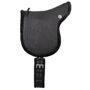 Komfortables Reitpad für Pferdesportler, Bareback Pad aus Velour-Kunstleder und Kunstfell, Sattelkissen mit Sattelgurt, schwarzes Reitpad