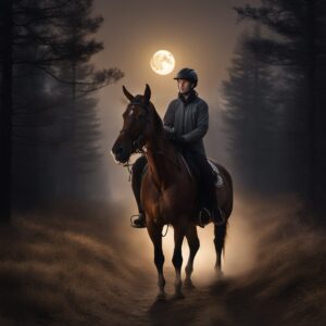 Reiter auf einem Pferd mit Reflektoren und LED-Lights, sicher durch die Dunkelheit reiten