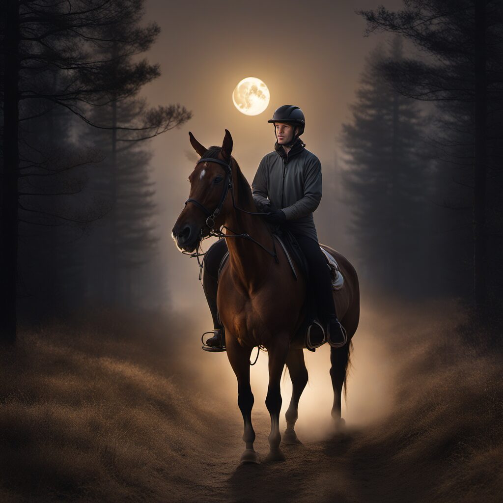 Reiter auf einem Pferd mit Reflektoren und LED-Lights, sicher durch die Dunkelheit reiten