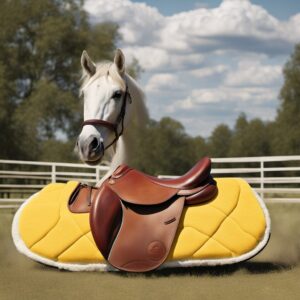 Reitpads in verschiedenen Farben und Materialien auf einem Reitplatz mit idyllischer Landschaft im Hintergrund