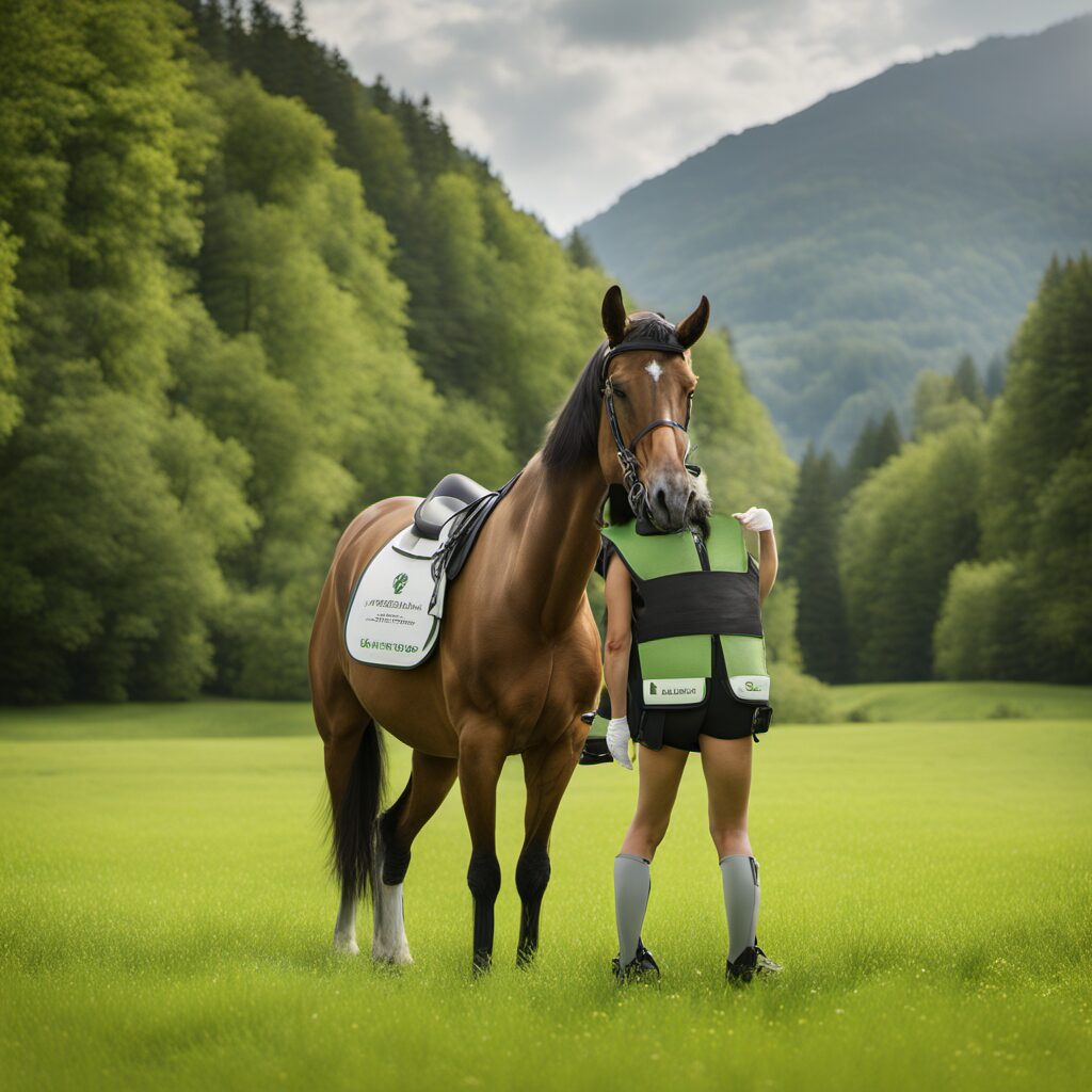 Pferd auf einer grünen Wiese mit jungen Reiter in Sicherheitsweste und Panel-Sicherheitsweste Eco-Flexi im Hintergrund