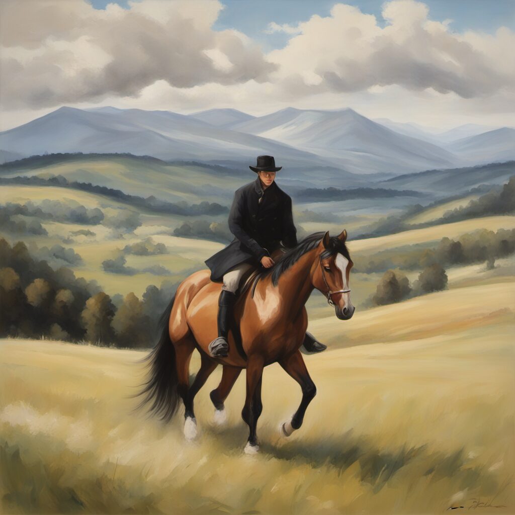 Ein Pferd mit Trabertrensen im Mäntelchen reitet auf einer wunderschönen Landschaftsroute. Ideal für Reiter, die ihre Pferde mit Präzision und Sicherheit führen möchten.