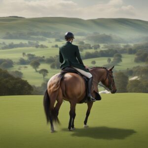 Ein Vielseitigkeitssattel bietet Flexibilität und Komfort beim Reiten. Der Reiter auf dem Sattel WINTEC 250 reitet durch ein weites grünes Feld mit einer sanften Hügelkulisse.