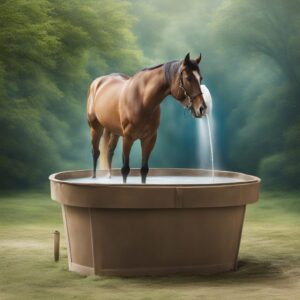 Pferd in einem Wasserschlauchbad mit verschiedenen Wassertrensen im Hintergrund, ideal für den Pferdesport